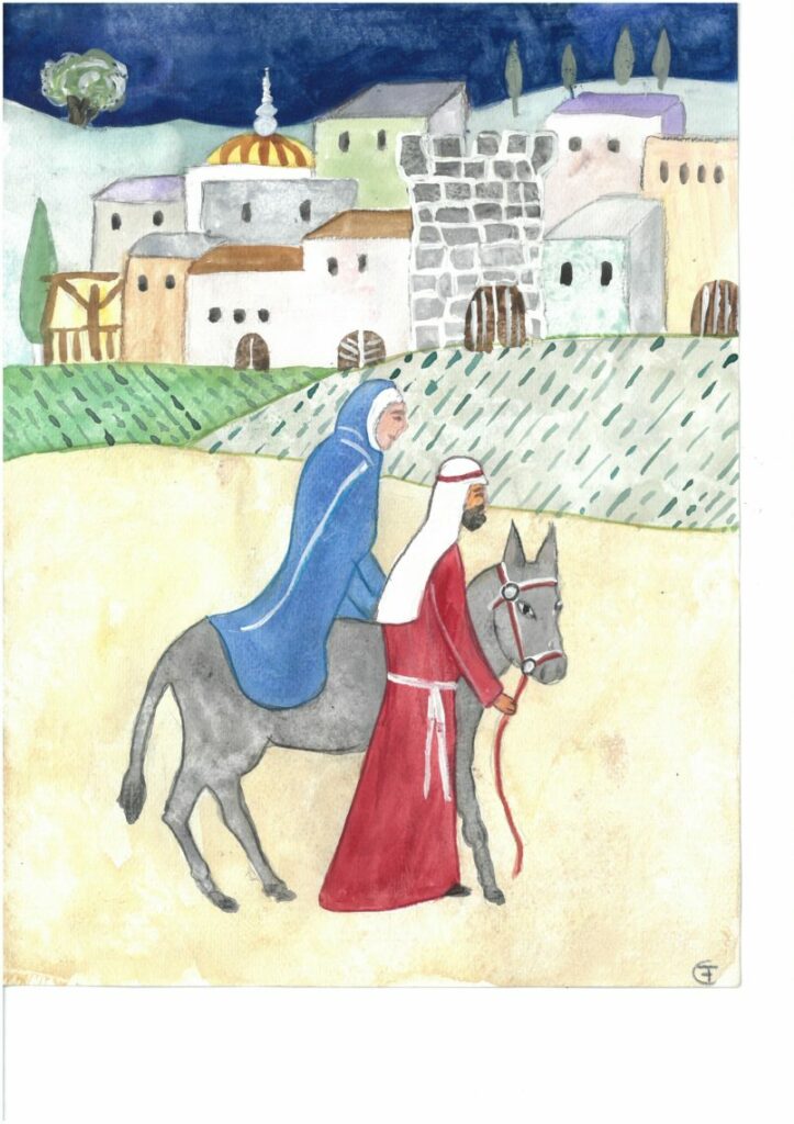 Orientalische Stadt im Hintergrund. Maria auf einem Esel, der von Josef geführt wird, im Vordergrund.